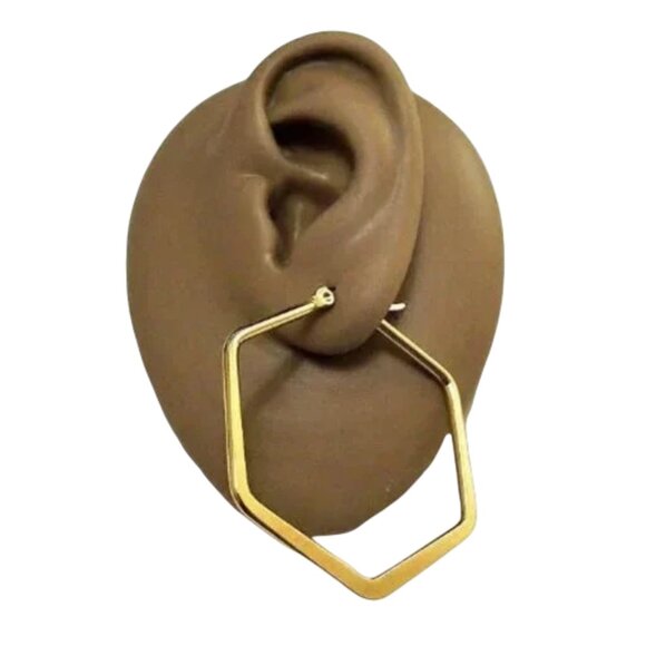 1 5/8 Inch 46mm Six Side Hoop Pierced Post Earrings Gold Tone - Picture 4 of 5